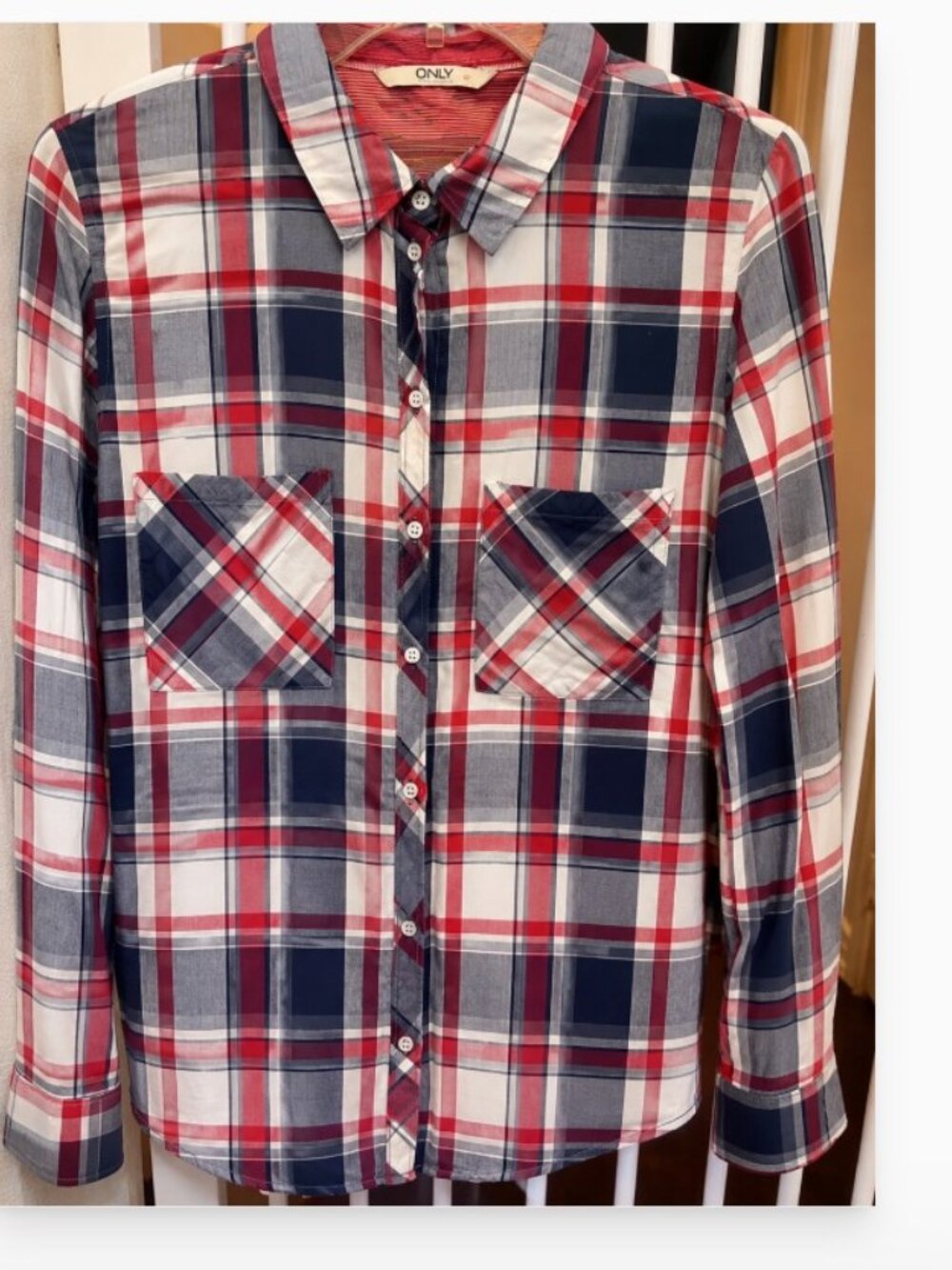 ONLY Women’s Plaid Embroidered Button Down Shirt | EU 38 | US Medium 6/8